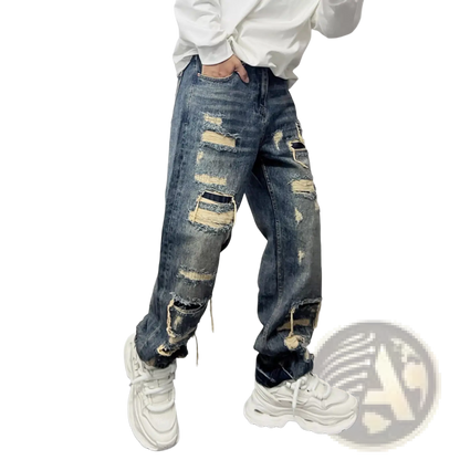 Men's Light Blue Distressed Ripped Patch Denim Jeans ARBA Global