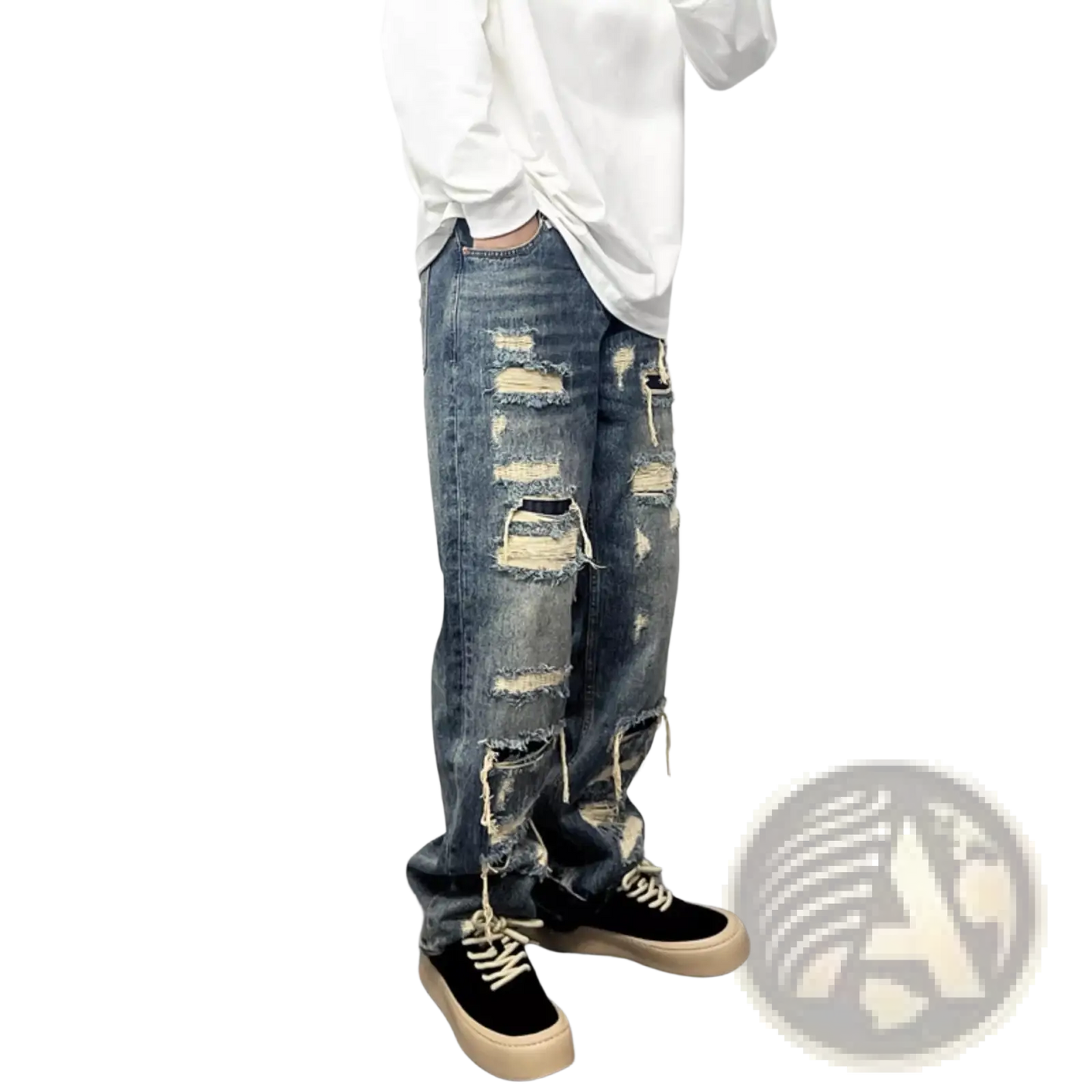 Men's Light Blue Distressed Ripped Patch Denim Jeans ARBA Global