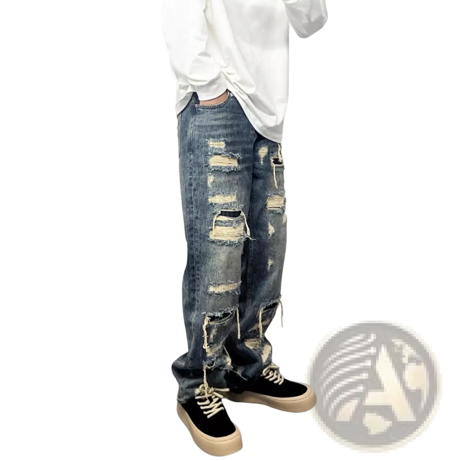 Men's Light Blue Distressed Ripped Patch Denim Jeans ARBA Global
