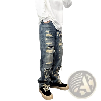 Men's Light Blue Distressed Ripped Patch Denim Jeans ARBA Global