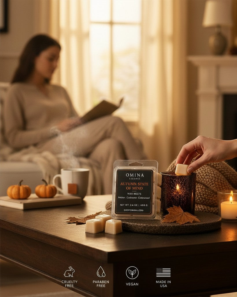 Omina Autumn State of Mind soy wax melts with amber, cashmere, and cedarwood scents in a cozy, warm-toned living room.