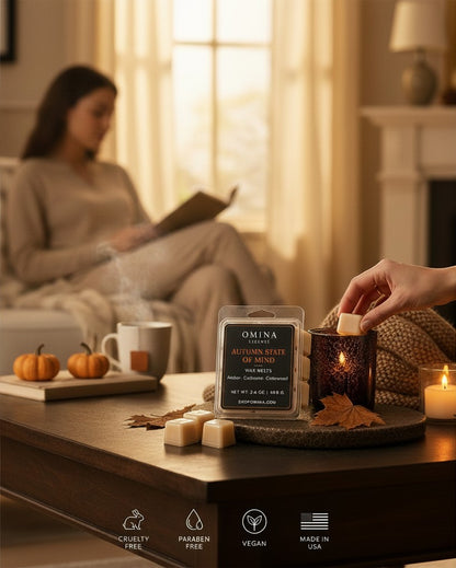 Omina Autumn State of Mind soy wax melts with amber, cashmere, and cedarwood scents in a cozy, warm-toned living room.