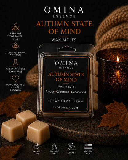 Omina Autumn State of Mind soy wax melts with amber, cashmere, and cedarwood scents in cozy fall-themed packaging.