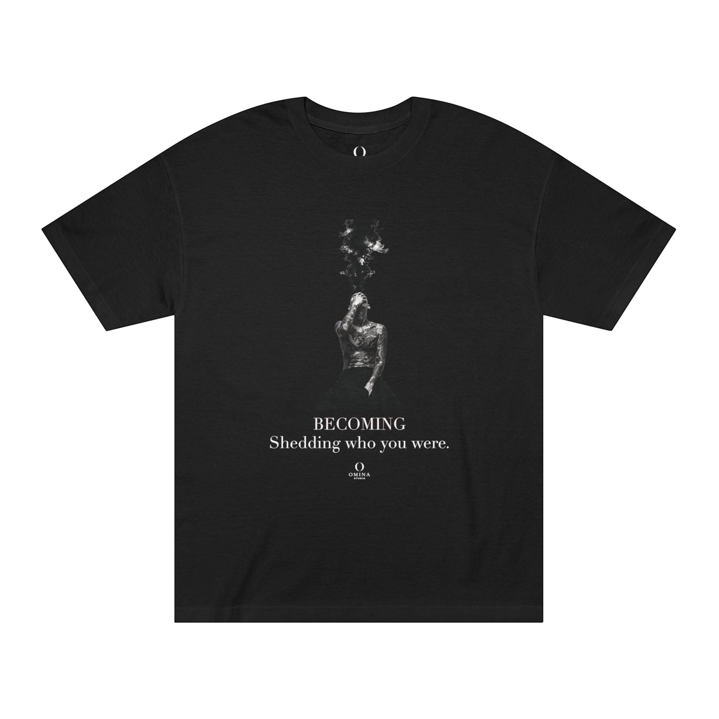 Omina black cotton graphic t-shirt featuring a monochrome artistic figure and the text Becoming Shedding who you were.