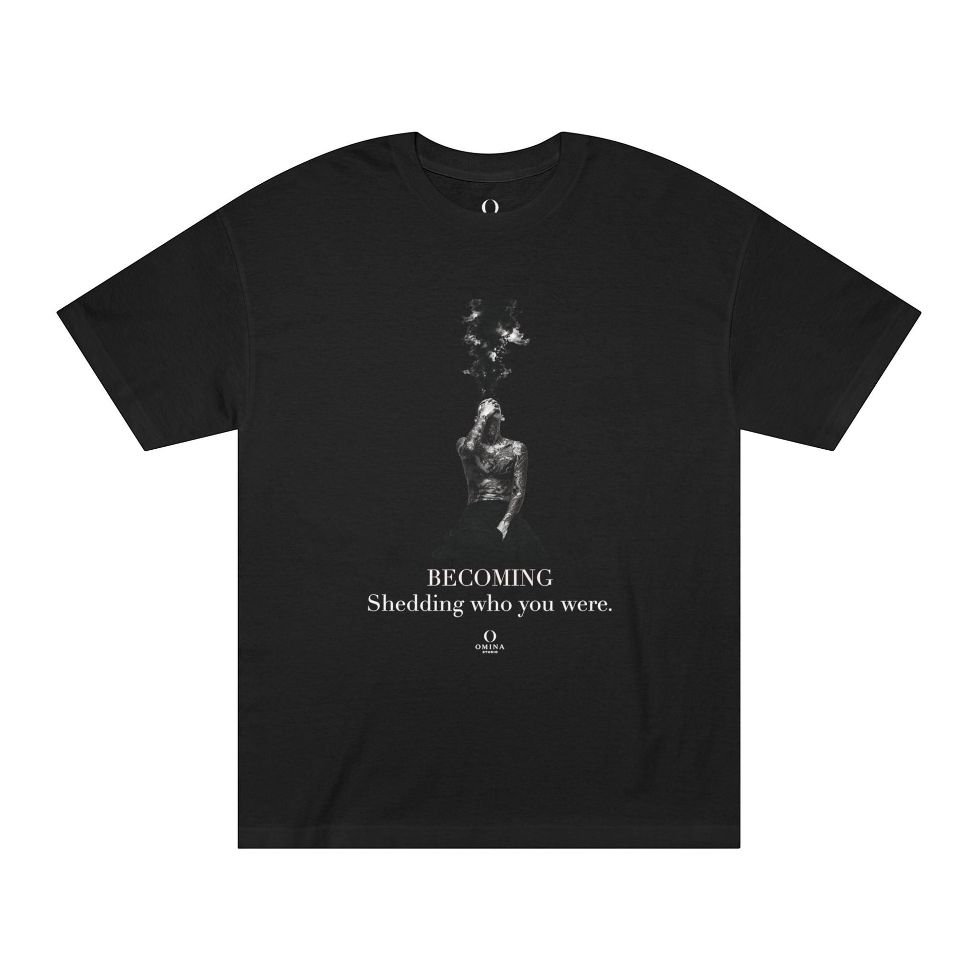 Omina black cotton graphic t-shirt featuring a monochrome artistic figure and the text Becoming Shedding who you were.
