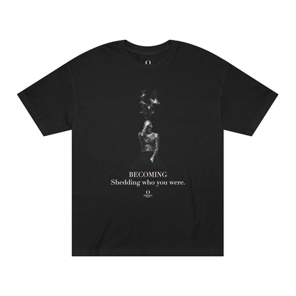 Omina black cotton graphic t-shirt featuring a monochrome artistic figure and the text Becoming Shedding who you were.