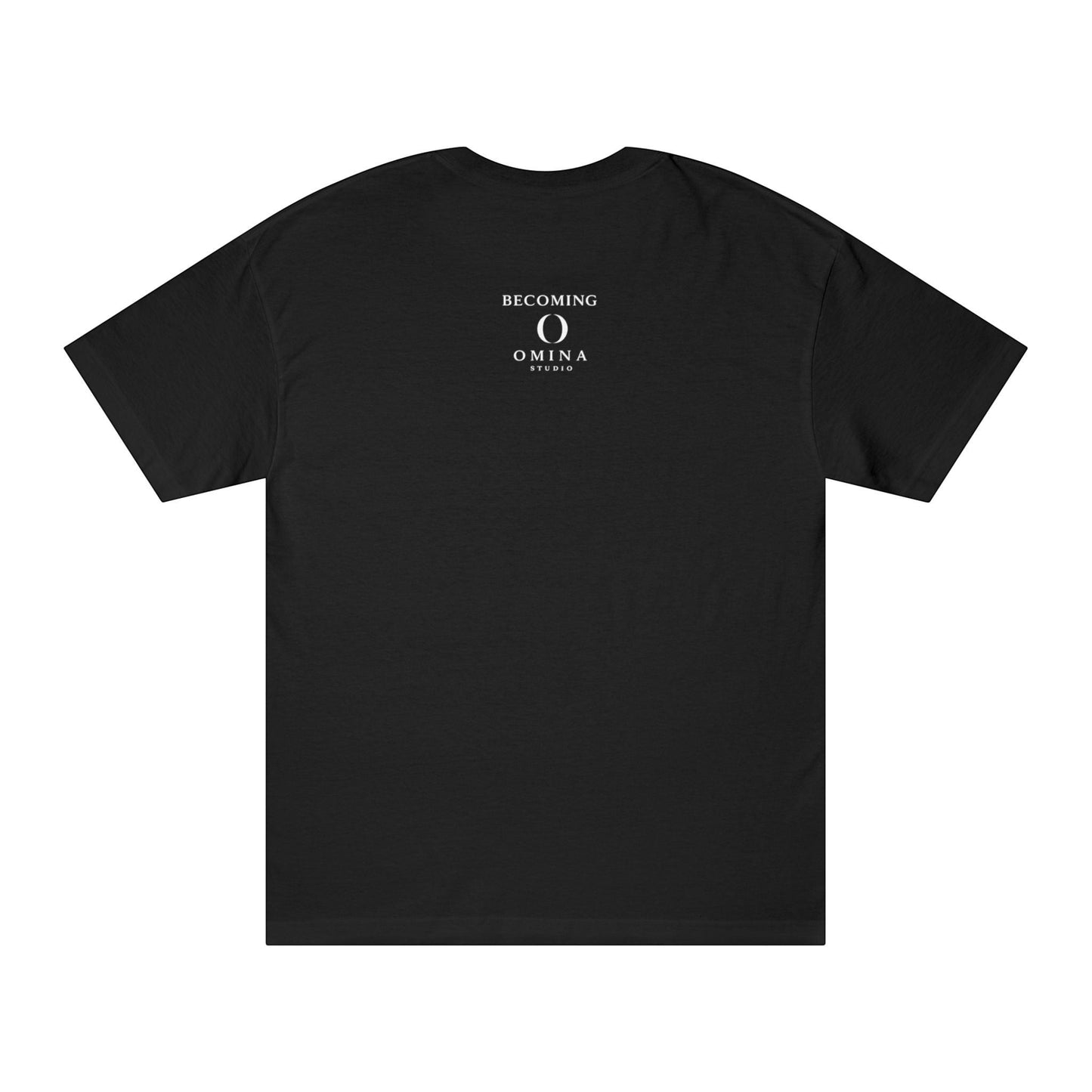 Back view of a black Omina cotton t-shirt featuring a small white Becoming Omina Studio logo on the upper back.