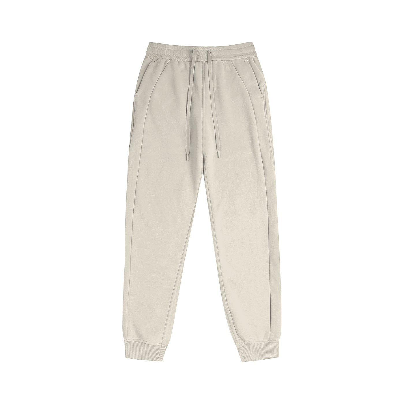 Omina Essentials women's beige mid-waist jogger pants with a drawstring waist and ribbed cuffs in thick cotton blend