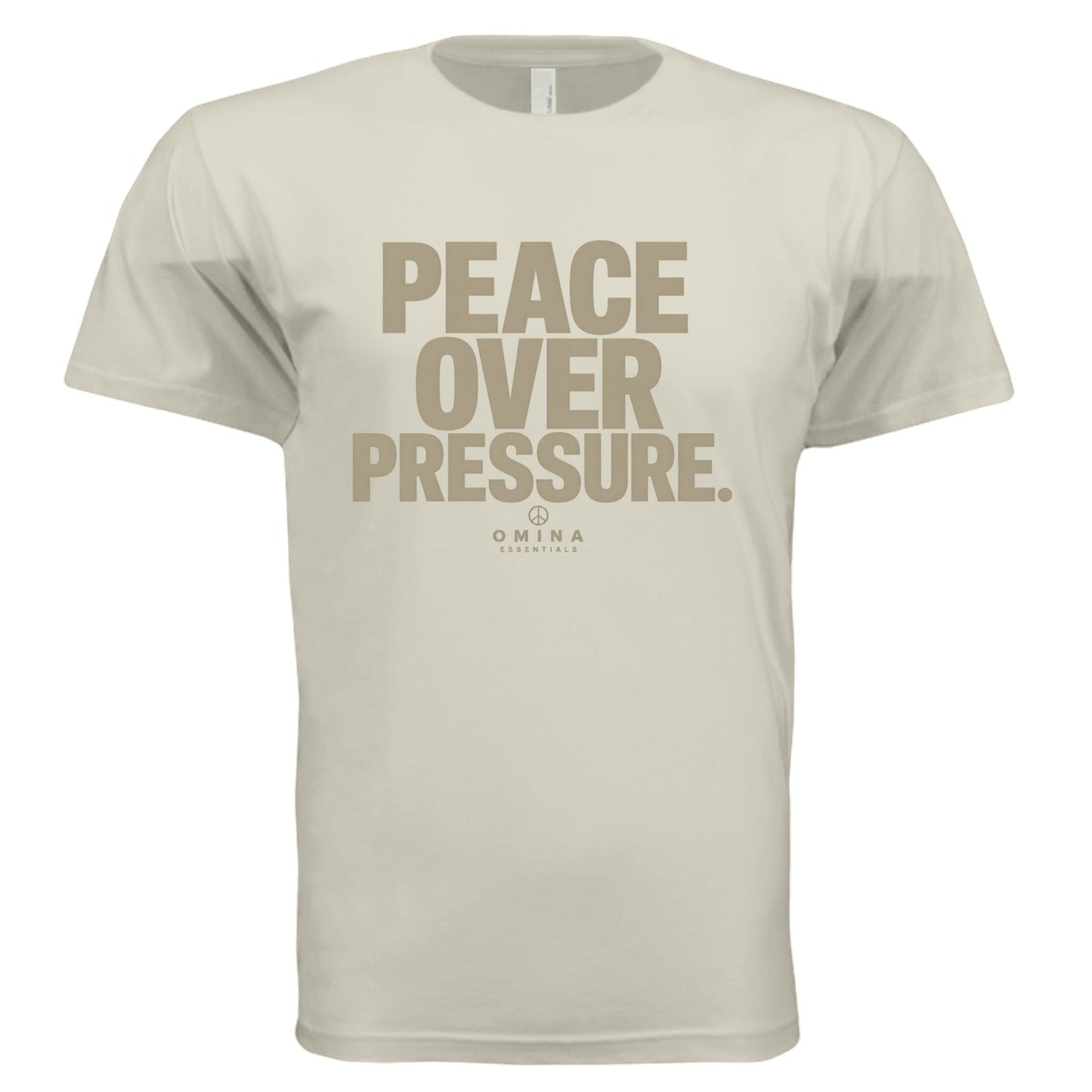Omina heavyweight beige cotton t-shirt with PEACE OVER PRESSURE text graphic in a relaxed fit.