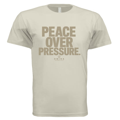 Omina heavyweight beige cotton t-shirt with PEACE OVER PRESSURE text graphic in a relaxed fit.