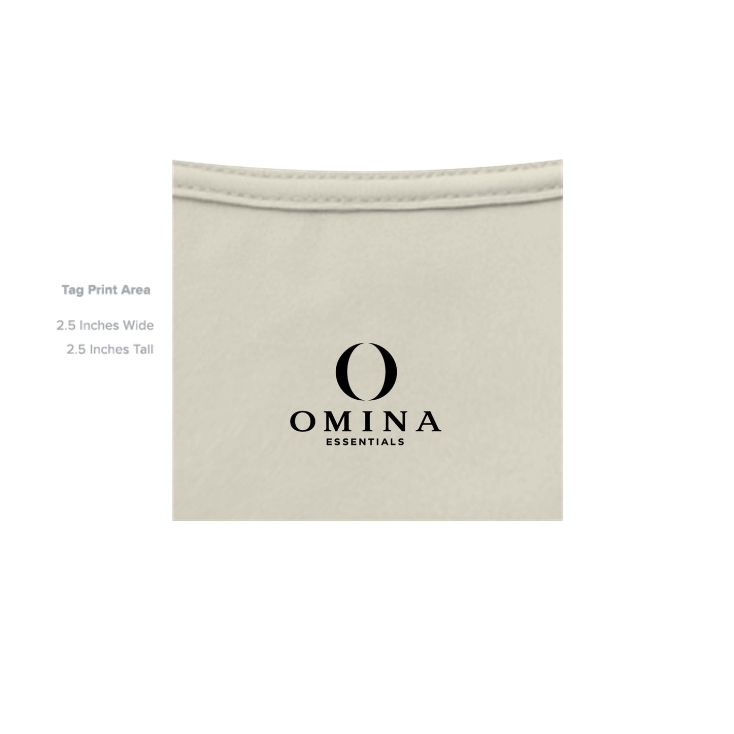 Omina Essentials beige heavyweight cotton tee with a black printed logo on the inside neck tag area.