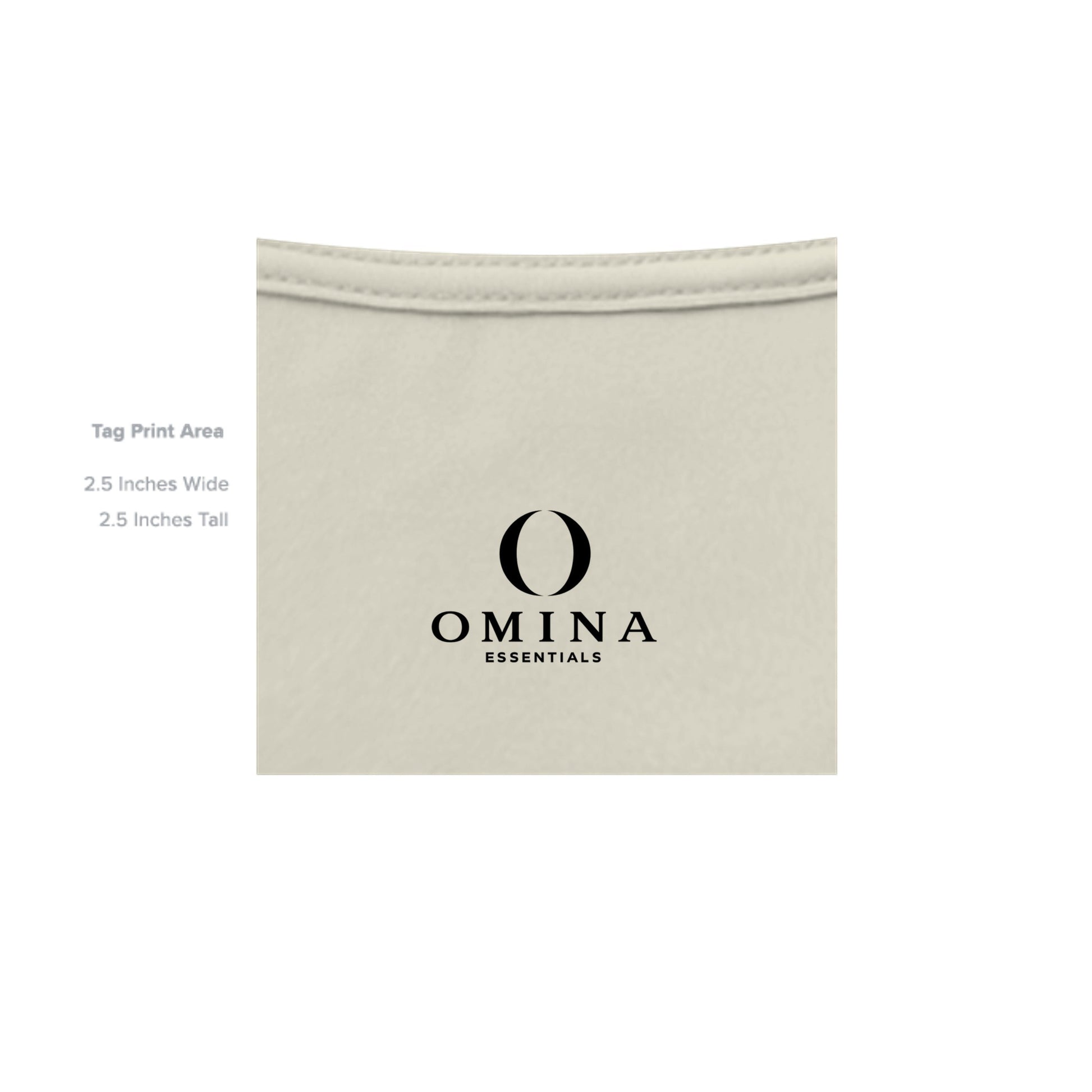 Omina Essentials beige heavyweight cotton tee with a black printed logo on the inside neck tag area.