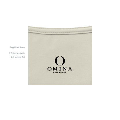 Omina Essentials beige heavyweight cotton tee with a black printed logo on the inside neck tag area.