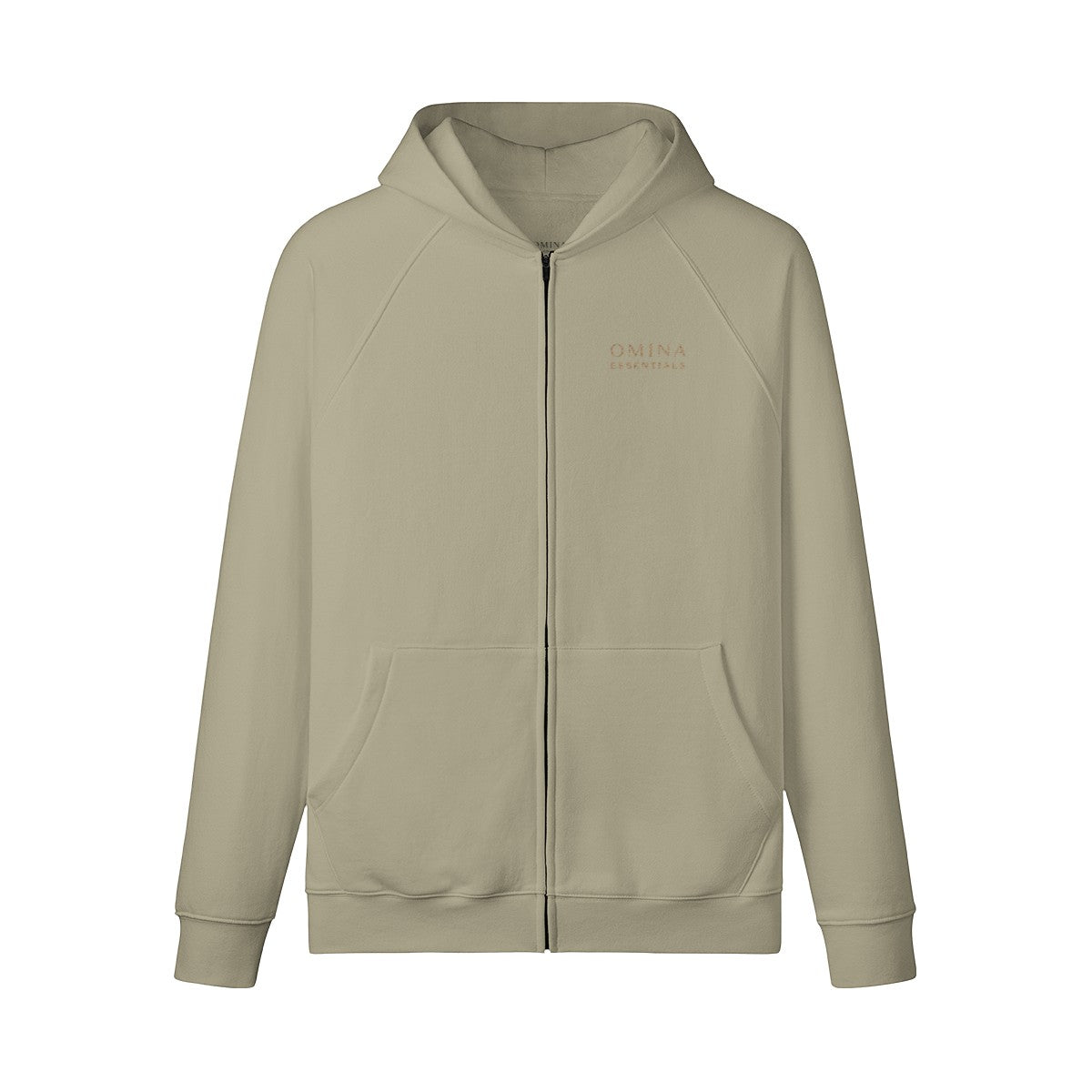 Omina beige full-zip hoodie with raglan sleeves, kangaroo pockets, and brushed fleece interior. Made of 100% combed cotton.