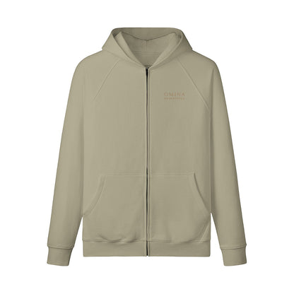 Omina beige full-zip hoodie with raglan sleeves, kangaroo pockets, and brushed fleece interior. Made of 100% combed cotton.