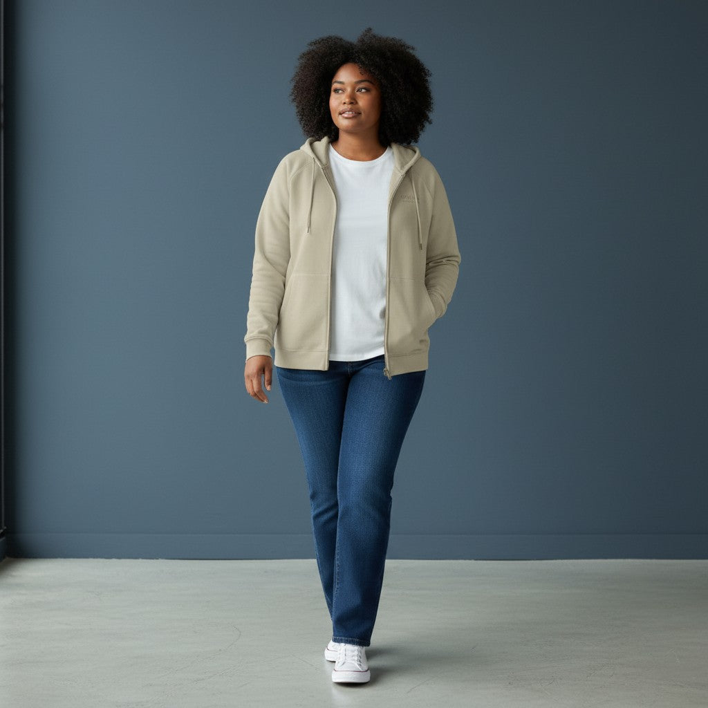 Omina beige 100% combed cotton full-zip hoodie with brushed fleece interior and kangaroo pockets.