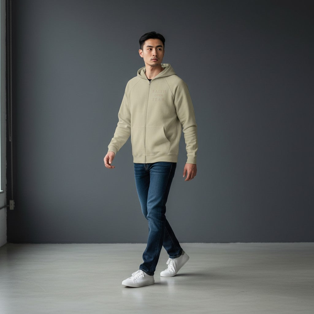 Model wearing an Omina beige heavyweight cotton zip hoodie with Faith Over Fear text, paired with blue jeans.