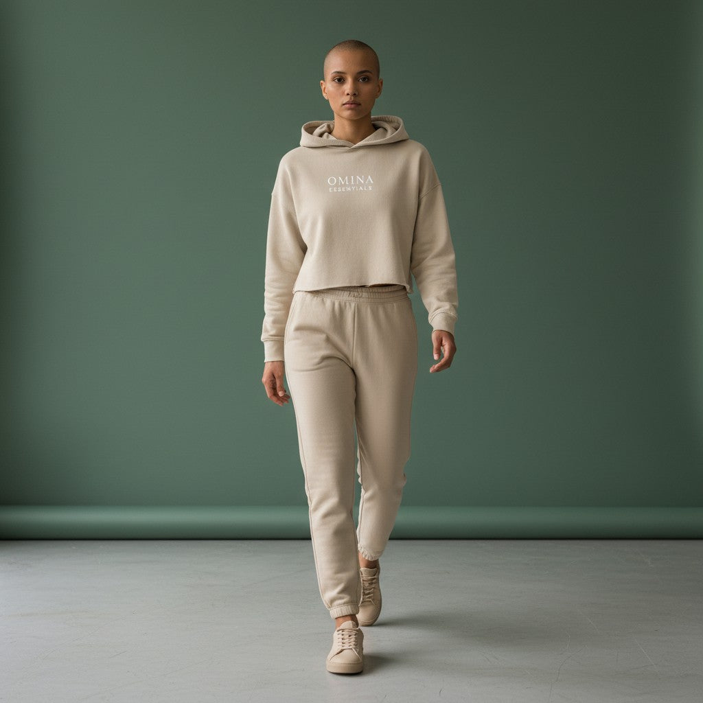 Model wearing Omina Essentials beige cropped fleece hoodie and matching joggers against a muted green background.