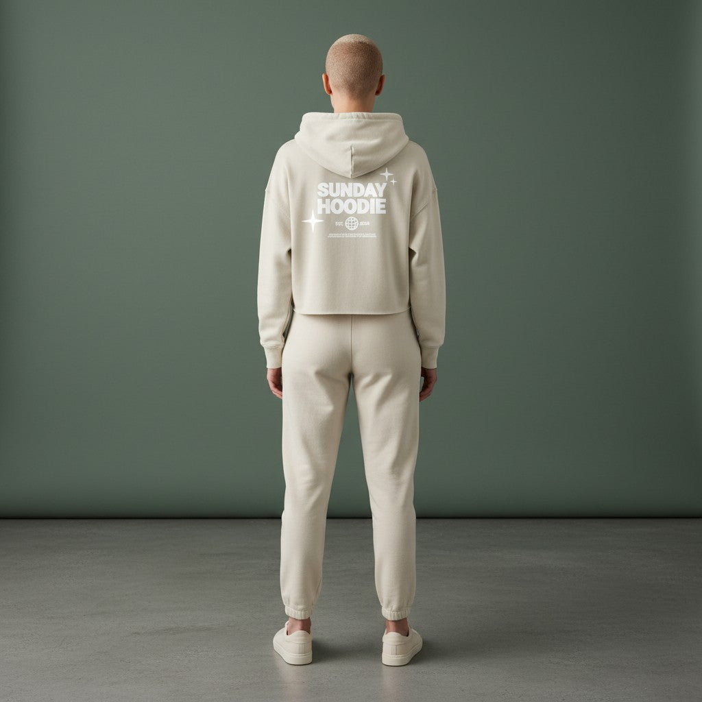 Model wearing Omina Essentials beige cropped Sunday hoodie with back graphic print and matching joggers