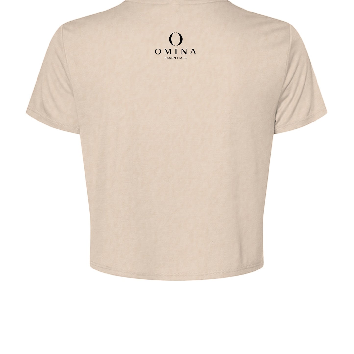Back view of Omina beige cropped tee with black Omina Essentials logo printed on the upper back