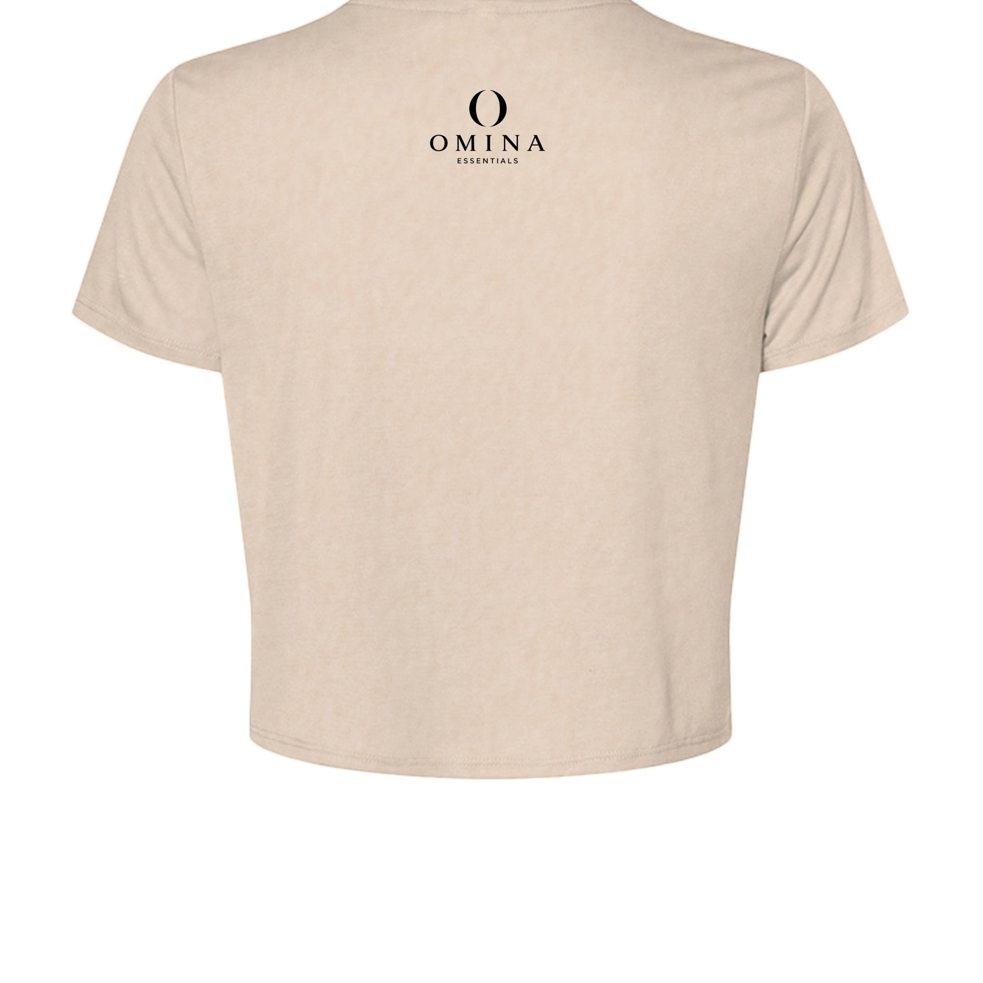 Back view of Omina beige cropped tee with black Omina Essentials logo printed on the upper back