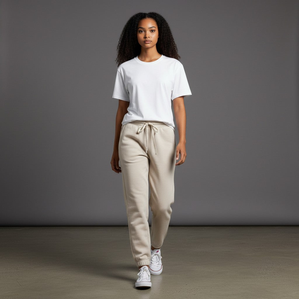 Model wearing Omina beige cotton-blend drawstring jogger pants with a white t-shirt in a studio setting.