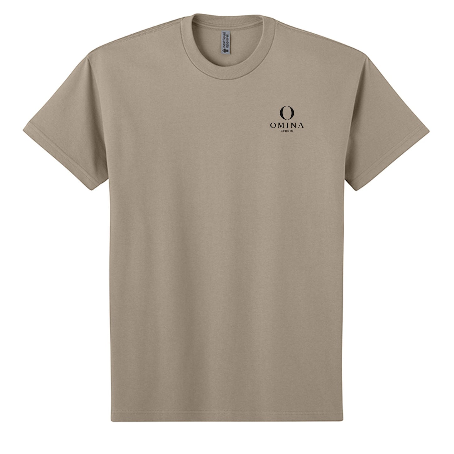 Omina heavyweight cotton t-shirt in beige with a small black Omina Studio logo on the chest.