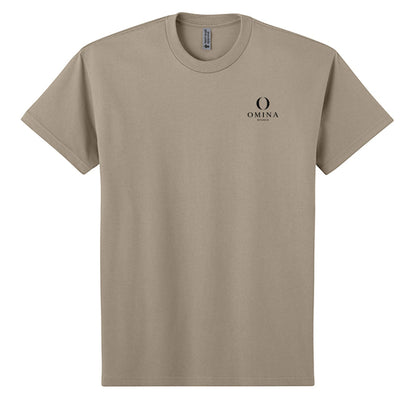 Omina heavyweight cotton t-shirt in beige with a small black Omina Studio logo on the chest.