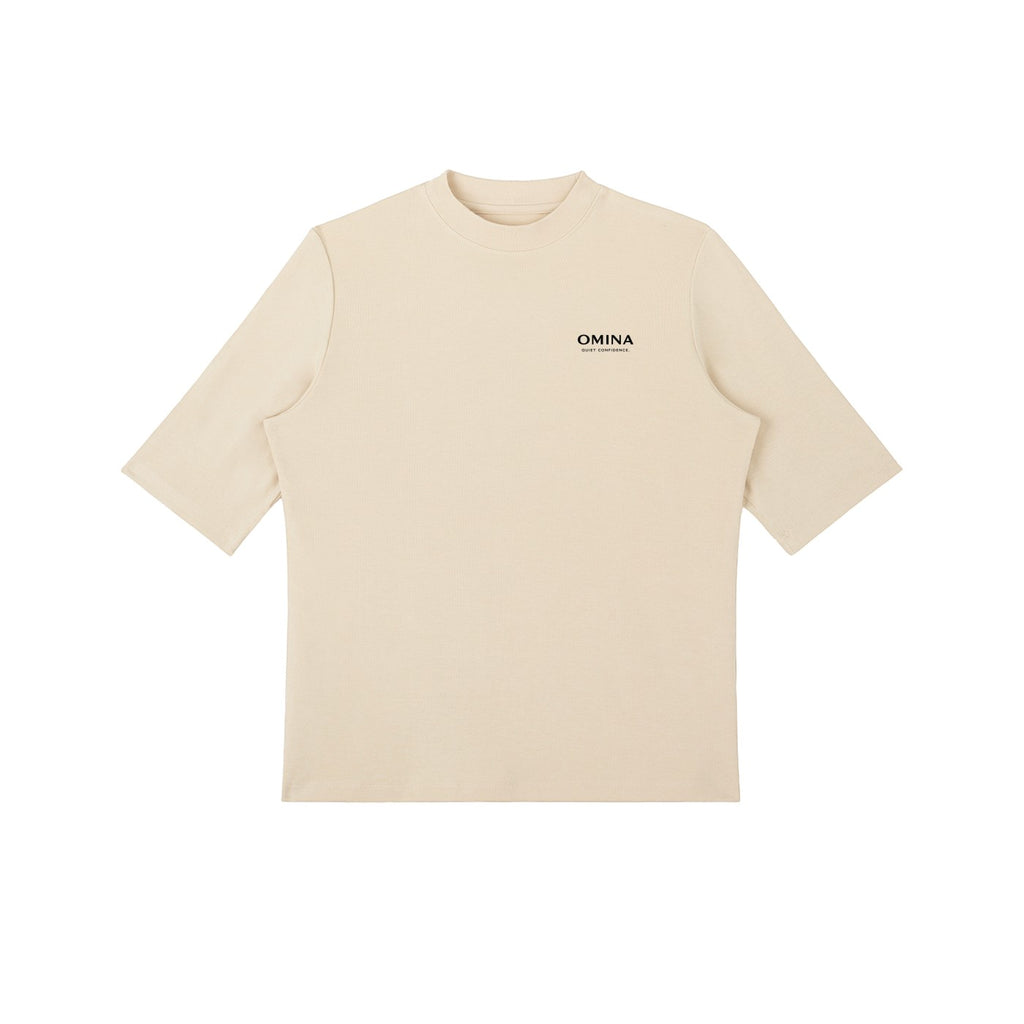 Omina beige viscose-spandex blend mock neck short sleeve t-shirt with slim fit and subtle logo.
