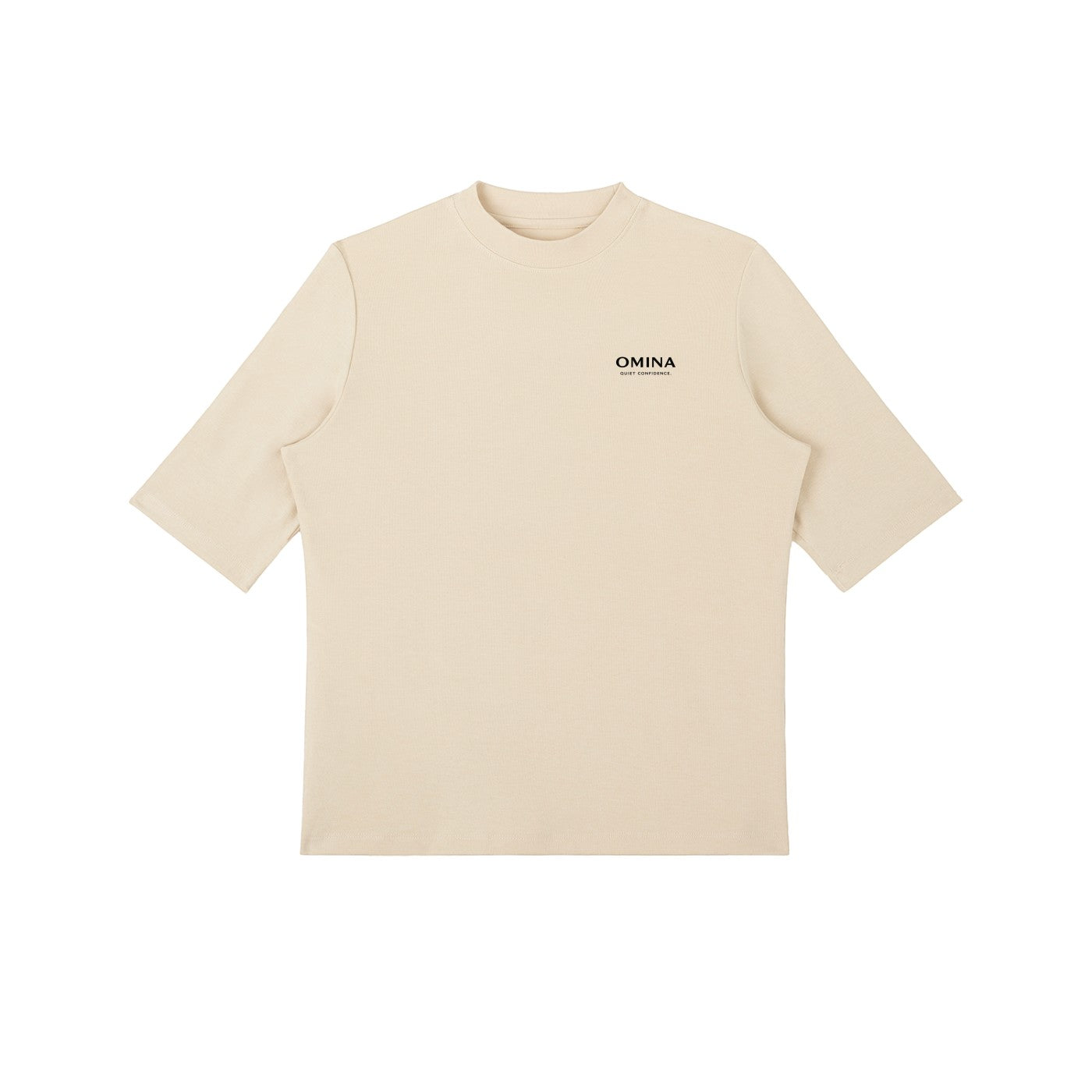 Omina beige viscose-spandex blend mock neck short sleeve t-shirt with slim fit and subtle logo.