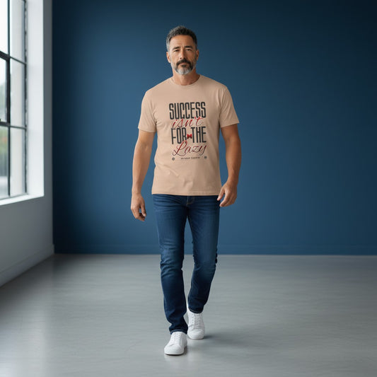 Omina heavyweight beige cotton t-shirt with Success Isn't For The Lazy motivational graphic worn by a man in jeans