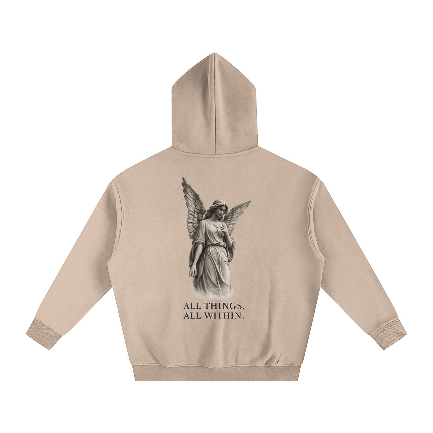 Back view of Omina beige oversized fleeced hoodie featuring a graphic of an angel and the text All Things All Within