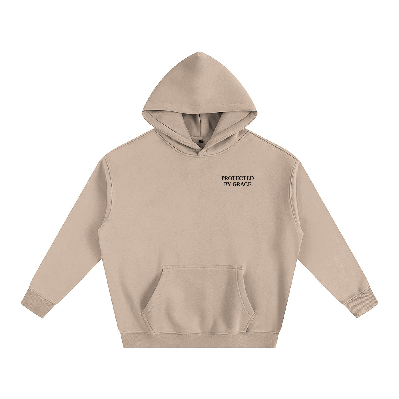 Omina beige oversized fleeced hoodie with Protected By Grace text on the chest and a drop shoulder silhouette.