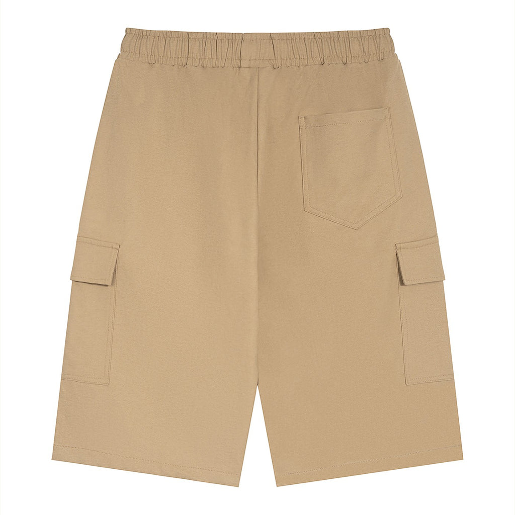 Omina beige polyester cargo shorts with elastic waistband and drawstring, featuring side cargo pockets and a back pocket.