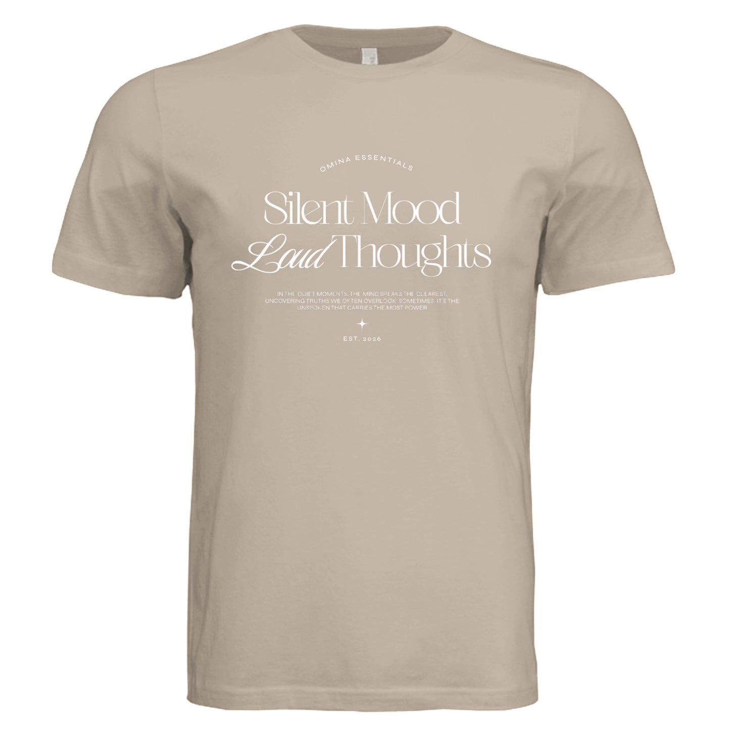 Omina beige unisex jersey tee featuring Silent Mood graphic print in soft cotton fabric