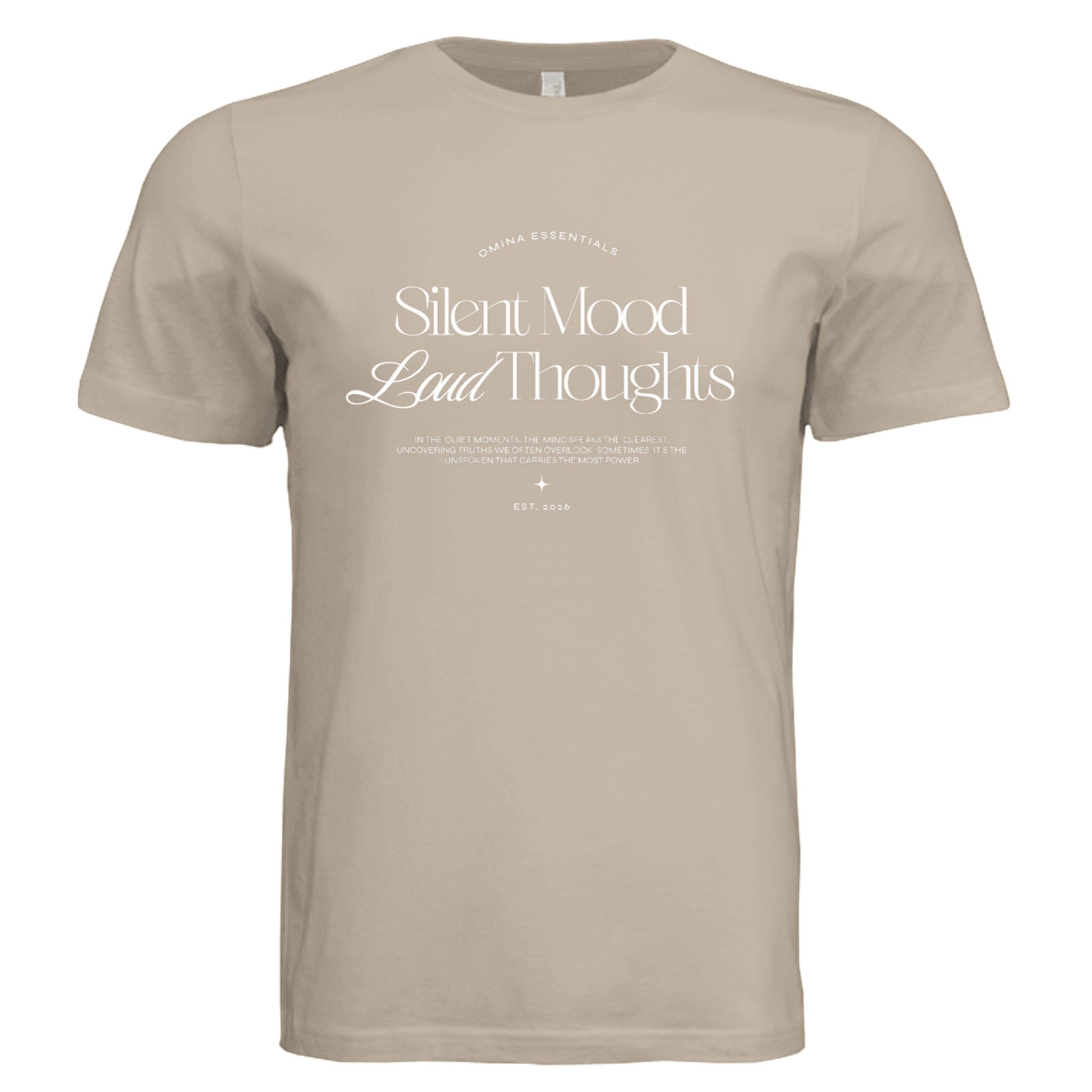 Omina beige unisex jersey tee featuring Silent Mood graphic print in soft cotton fabric