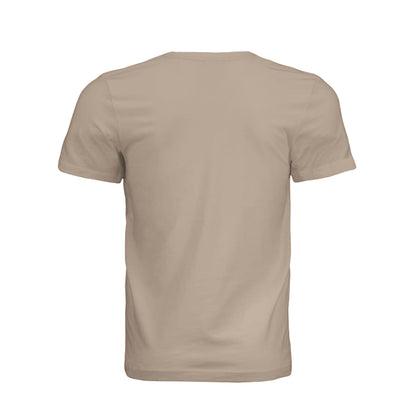 Back view of a plain beige Omina unisex jersey short-sleeve t-shirt with a minimalist design.