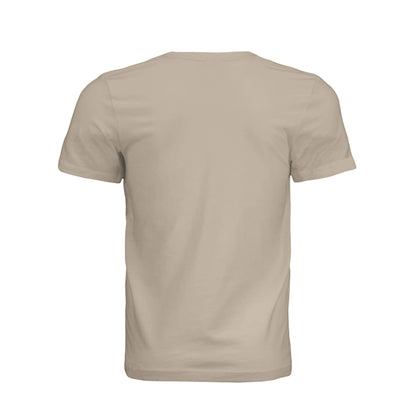 Back view of a beige Omina O Urban unisex cotton jersey t-shirt with a clean minimalist design.