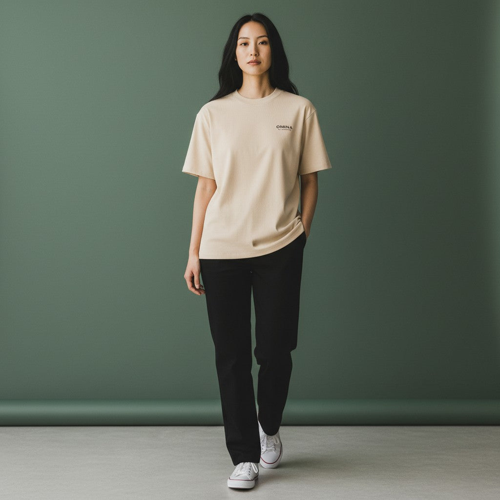 Omina beige viscose and spandex short sleeve mock neck t-shirt with subtle ribbing and small logo detail.