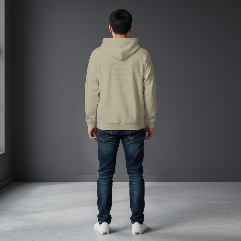 Back view of a man wearing an Omina heavyweight beige zip hoodie with God's Plan graphic print.