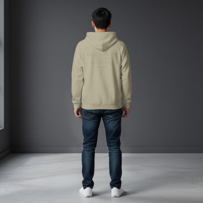 Back view of a man wearing an Omina heavyweight beige zip hoodie with God's Plan graphic print.