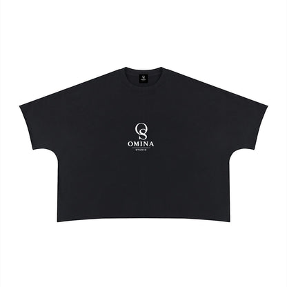 Omina black 100% cotton unisex heavyweight boxy t-shirt with raw edge and white Omina Studio logo.