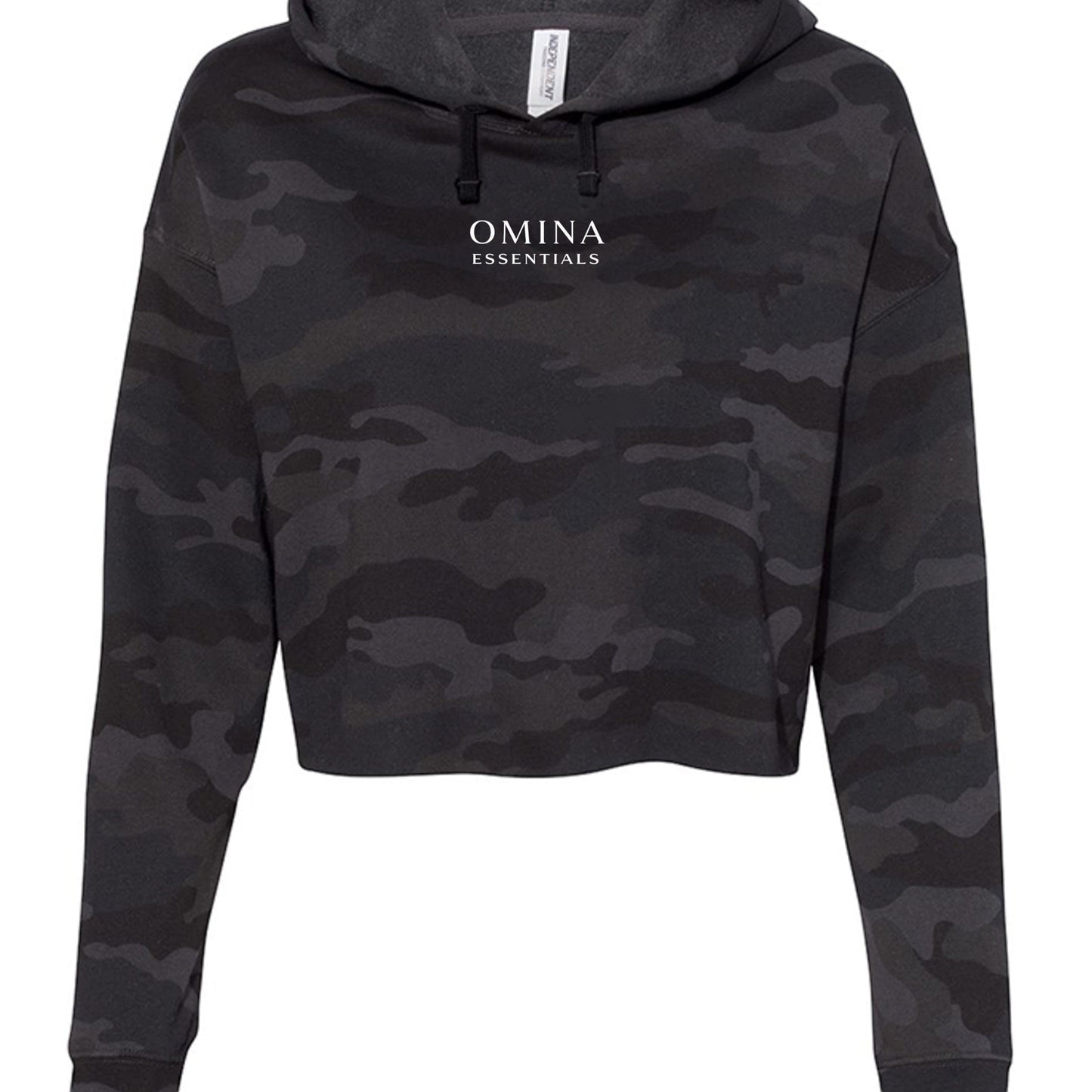Omina Essentials black camo cropped hoodie with a relaxed fit, flat drawcord, and white logo on the chest.