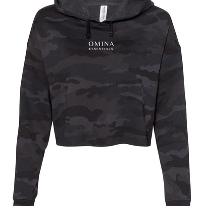 Omina Essentials black camo cropped hoodie with a relaxed fit, flat drawcord, and white logo on the chest.