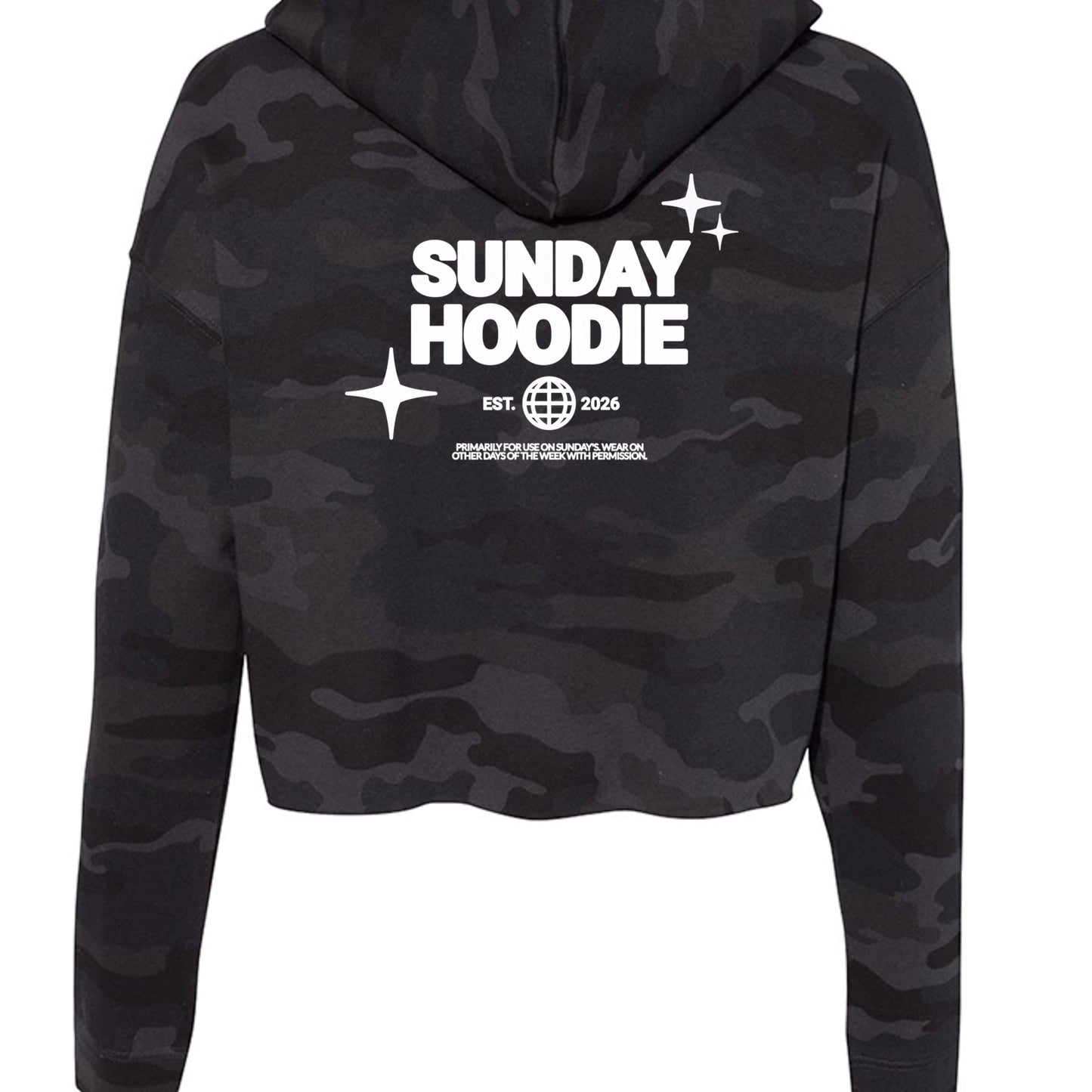 Omina Essentials black camo cropped Sunday hoodie with white back graphic print and hood