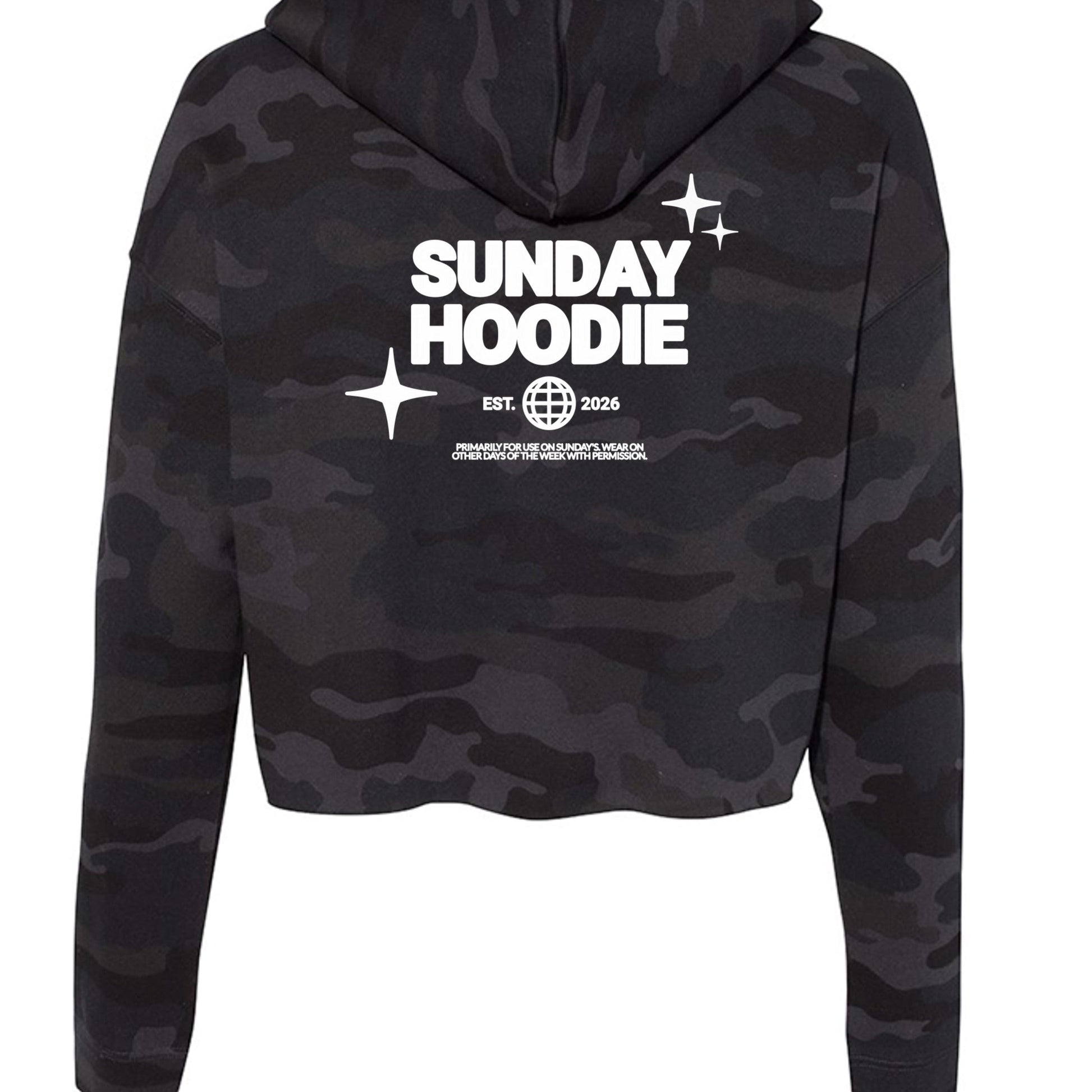 Omina Essentials black camo cropped Sunday hoodie with white back graphic print and hood