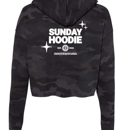 Omina Essentials black camo cropped Sunday hoodie with white back graphic print and hood