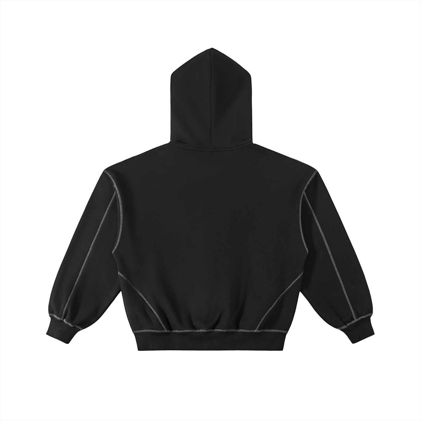 Back view of Omina black boxy fleece zip hoodie with white contrast stitching, drop shoulders, and ribbed hem.