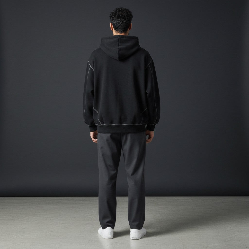 Back view of a man wearing an Omina black boxy fleece zip hoodie with white contrast stitching and drop shoulders.
