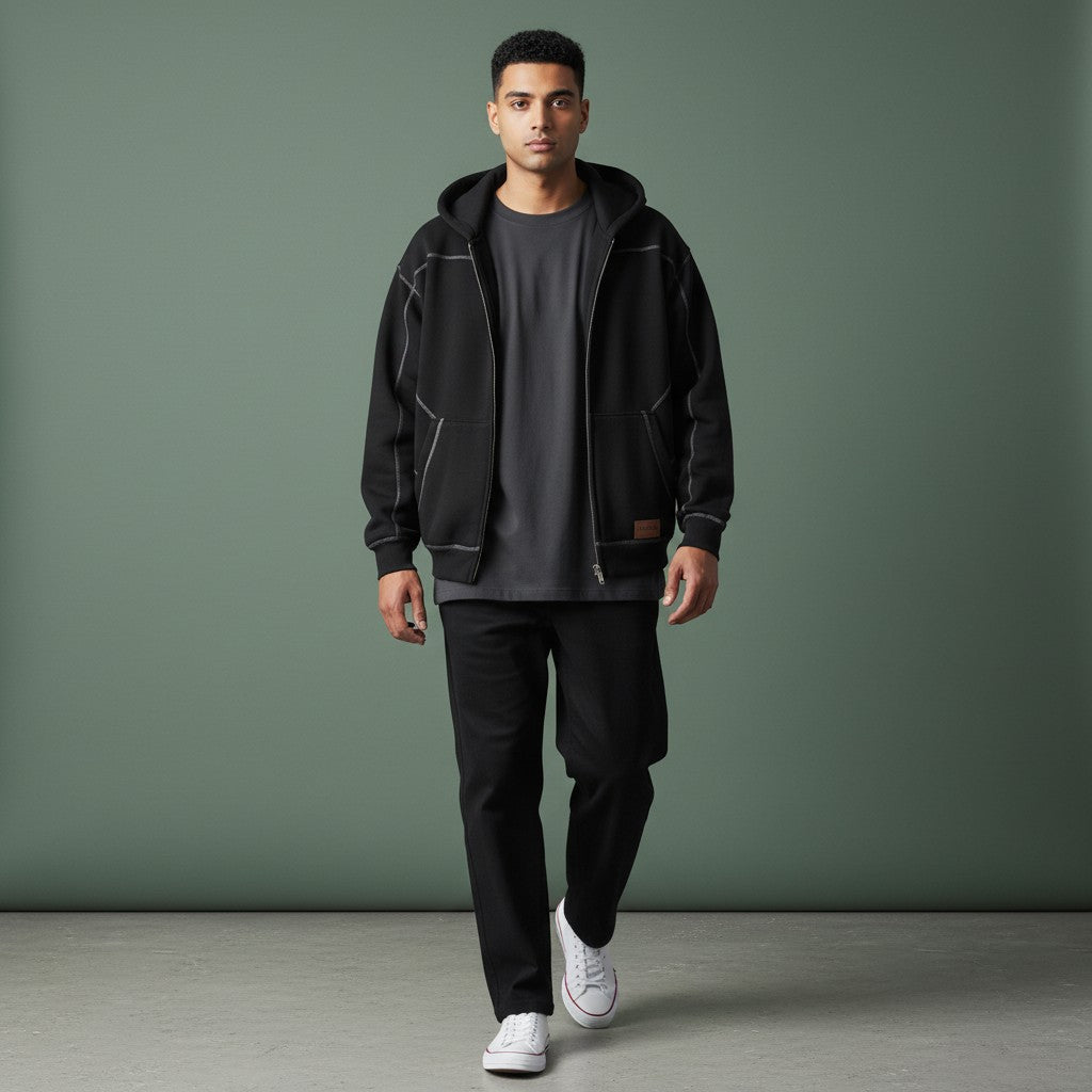 Omina unisex black boxy fleece zip hoodie with white contrast stitching, worn by a man against a green background.